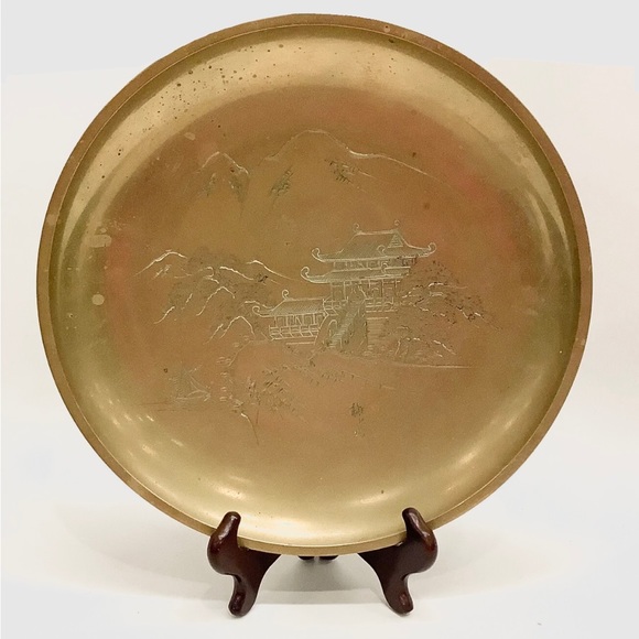 SignedVntg Chinese Brass Hand Etched Bowl/Plate 10.75” Pagoda landscape
